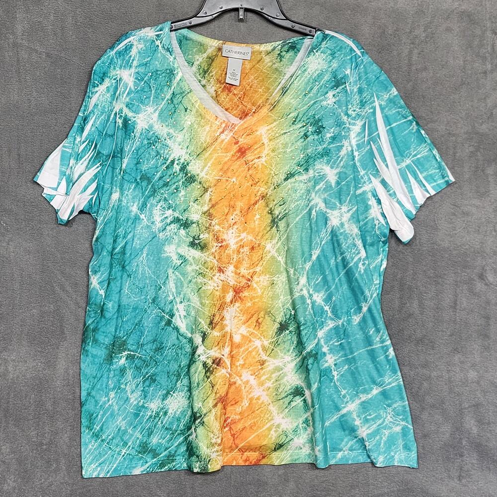 Catherines Tye Dye Shirt Short Sleeves Studded Detail V Neck Size 1X Blue Orange